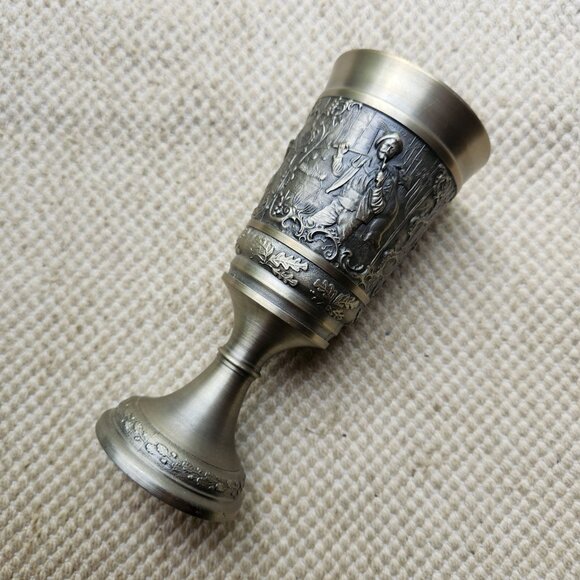 PEWTER Art 3D Hunting Scene Wine GOBLET Man smoking Pipe Deer Stag Leaf Chalice - Picture 1 of 8